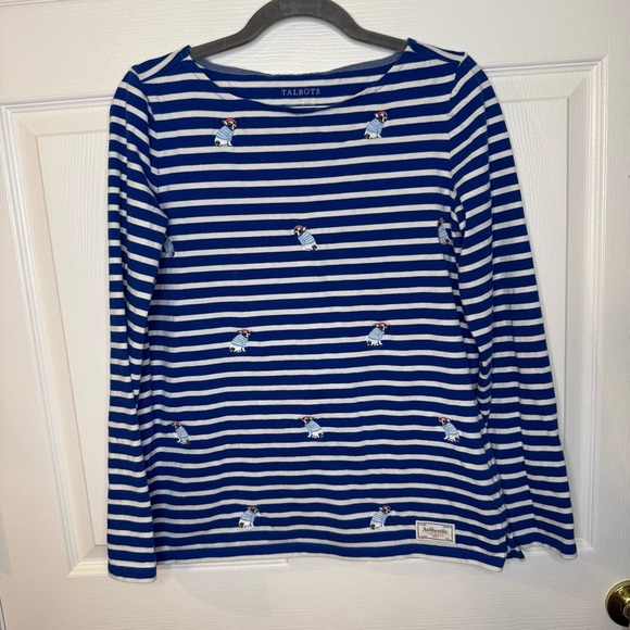 Talbots Blue and White Striped Long Sleeve Tee with Embroidered Frenchies Small - Picture 1 of 6